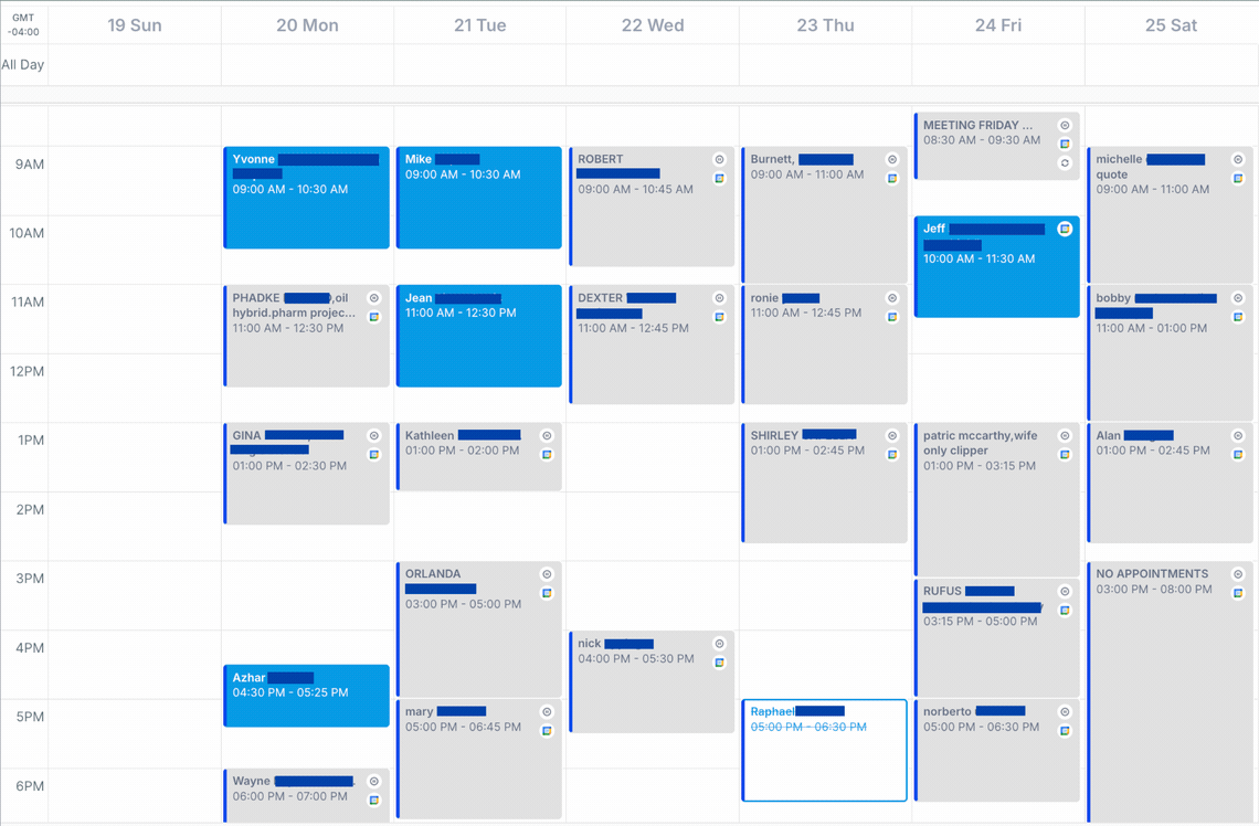 A client week with appointments booked on every day