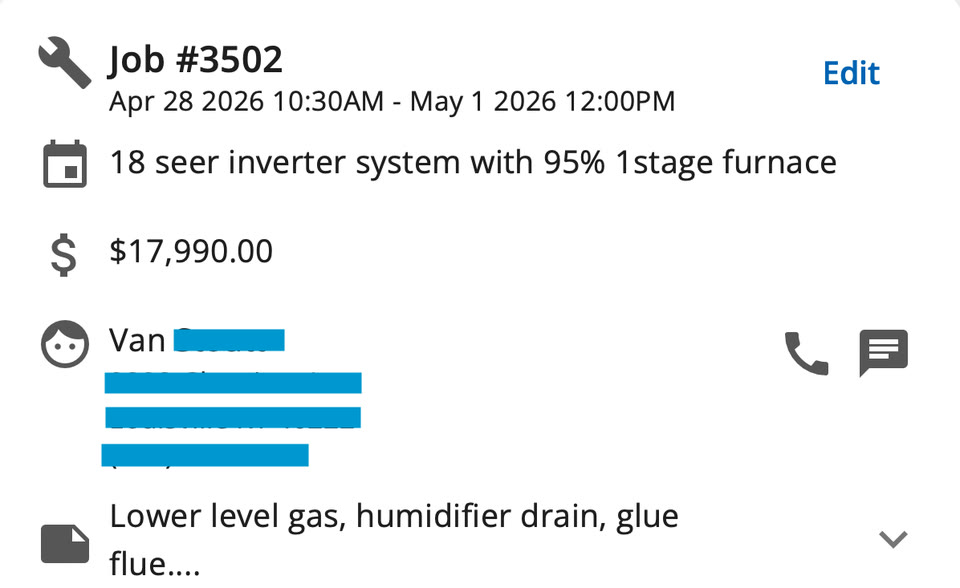 Job sheet: 18 seer inverter system with a 95% furnace, 17,990 dollars