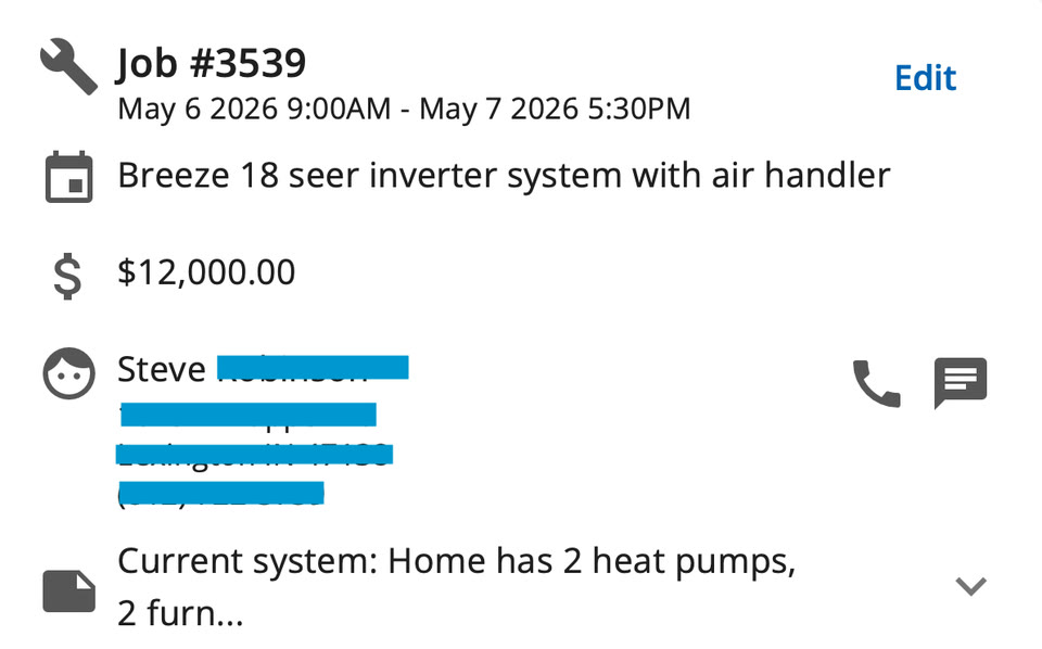 Job sheet: Breeze 18 seer inverter with air handler, 12,000 dollars
