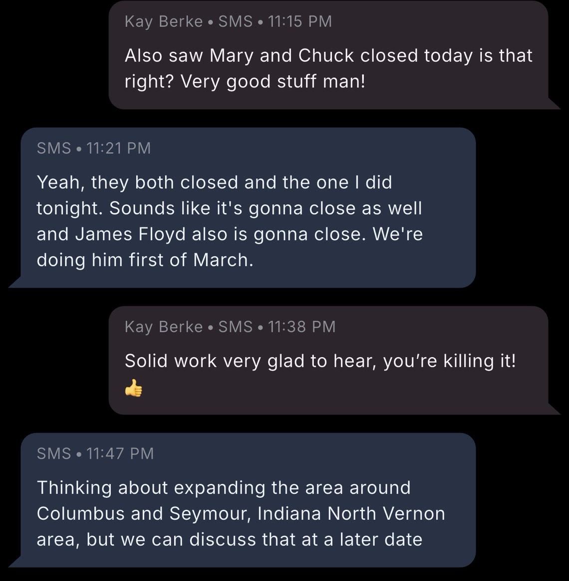 Texts from a client confirming the week of closes and asking to open two more service areas