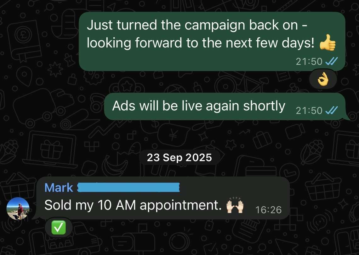 Client message: sold the 10 AM appointment
